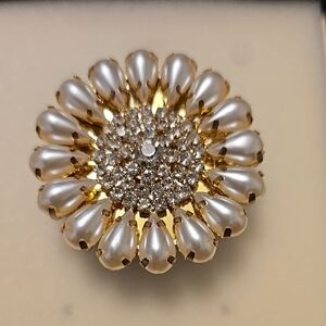 Gold and Silver Sunburst Brooch with Pearl Accents